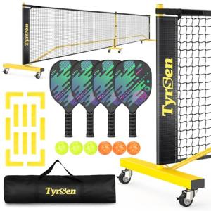 TYRSEN Pickleball Net Set - 22FT Net on Wheels, 4 Paddles, 6 Balls, 12 Court Markers, 1 Bag, Indoor/Outdoor Play