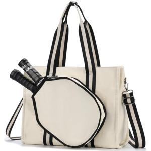 VASCHY Pickleball Tote Bags For Women With Fence Hook, Canvas Pickleball Paddle Holder Case Work/Gym/Sports Tote for 2 Rackets Beige