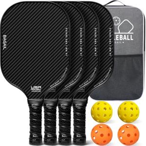 BAGAIL Pickleball Paddles, USAPA Approved Fiberglass Surface Pickleball Set, Lightweight Pickle Ball Rackets with 4 Balls, 1 Bag, Designed in California for Traction and Stability - 4 Pack, Black