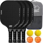 BAGAIL Pickleball Paddles, USAPA Approved Fiberglass Surface Pickleball Set, Lightweight Pickle Ball Rackets with 4 Balls, 1 Bag, Designed in California for Traction and Stability - 4 Pack, Black