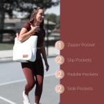 Picklefab Designer Pickleball Bags for Women | Canvas & Vegan Leather Pickle Ball Tote Bag with Cover Pockets for 4 Paddles | 12"x14"x5.5" Medium Tote Bag with Paddle Pocket & Fence Hook