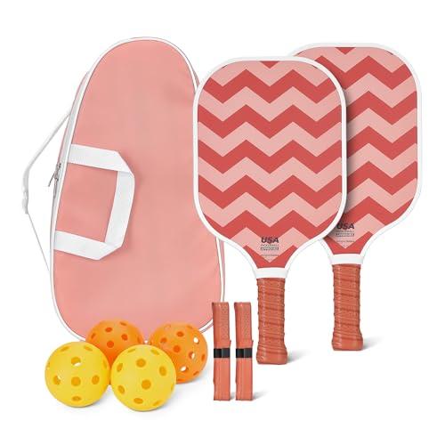 Amazon Basics Pickleball Paddles Set of 2, USAPA Approved Carbon Fiber Paddle with 4 Balls, Lightweight Pickle Ball Rackets, Carry Bag & Grips, Pastel Zigzag