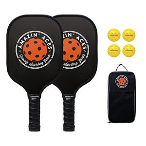 Amazin' Aces Classic Graphite Pickleball Paddle Set of 2 with 4 Official Balls - Lightweight Black Paddles Featuring Soft Nonslip Comfort Grip & Protective Portable Bag