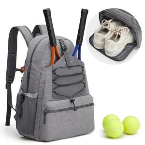 G4Free Tennis Bag, Tennis Backpack for Women Men, Large Pickleball Bag, Holds 4 Rackets with Shoe Compartment, Grey, L, Casual Daypack