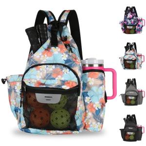 ZOEA Pickleball Backpack with Water Bottle Holder, Waterproof Multi-Style, Reflective Design, Adjustable Straps, Hidden Storage (Gray Flower)