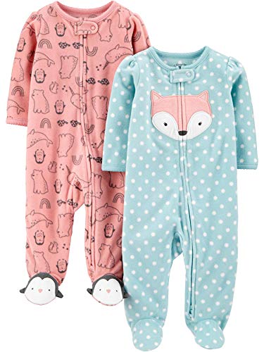 Girls' 2-Pack Fleece Footed Sleepers, Fox/Pink