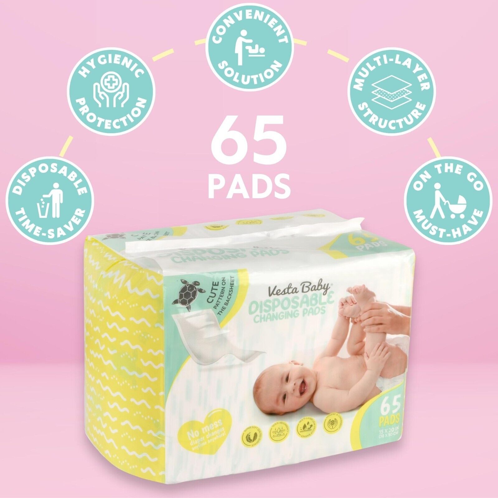 Vesta Baby Waterproof Disposable Changing Pads - 65 Count