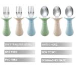 PandaEar Baby Toddler Fork and Spoon Utensil Set, 6 Pack Silicone Stainless Steel Silverware Spoon Fork for Babies Toddler, BPA Free with Silicone Holding Anti-Choke Design (Green Blue Brown)