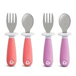 Munchkin® Raise™ Toddler Fork and Spoon Utensil Set, Rest Keeps Tip Off Table, BPA Free, 4 Pack, Pink/Purple