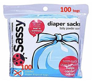 Sassy 100 Count Disposable Diaper Sacks, Powder Scented, 4-25 Sacks per Roll, Easy-to-Tie, Diaper Disposal or Pet Waste Bags