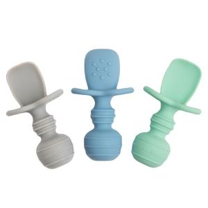 UpwardBaby Self-Feeding Spoon with Choke Barrier - Silicone Baby Spoons Toddler Utensils for Home & Travel, Textured Tips Massage Gums & Baby-Led Weaning, Tiny, Pack of 3, Blue/Gray/Mint