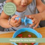 UpwardBaby Self-Feeding Spoon with Choke Barrier - Silicone Baby Spoons Toddler Utensils for Home & Travel, Textured Tips Massage Gums & Baby-Led Weaning, Tiny, Pack of 3, Blue/Gray/Mint