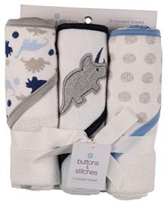 Buttons and Stitches Baby Boys 3 Pack Infant Hooded Towel, Triceratops Prints (GS71365)