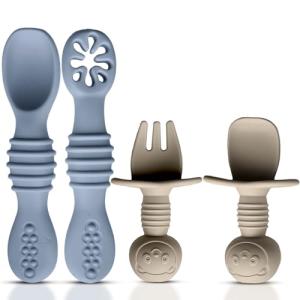 HippoBaby 4pc Silicone Baby Spoons Self Feeding Baby Utensils 6-12 Months - 3 Baby Spoon - 1 Baby Fork - Toddler Cutlery Set - BPA Free, Dishwasher Safe - Baby Eating Essentials (Gray/Beige)