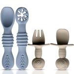 HippoBaby 4pc Silicone Baby Spoons Self Feeding Baby Utensils 6-12 Months - 3 Baby Spoon - 1 Baby Fork - Toddler Cutlery Set - BPA Free, Dishwasher Safe - Baby Eating Essentials (Gray/Beige)
