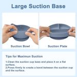 LITTLE RAWR Silicone Baby Feeding Set 14 Pcs,Baby Led Weaning Supplies, Baby Spoons Suction Bowl Divided Plate Bib Cup Finger Brush,First Stage Solid Food Eating Utensils - 6+ Months(Blue Gray)