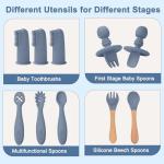 LITTLE RAWR Silicone Baby Feeding Set 14 Pcs,Baby Led Weaning Supplies, Baby Spoons Suction Bowl Divided Plate Bib Cup Finger Brush,First Stage Solid Food Eating Utensils - 6+ Months(Blue Gray)