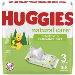 Huggies Natural Care Sensitive Baby Wipes, Unscented, Hypoallergenic, 99% Purified Water, 3 Flip-Top Packs (168 Wipes Total)