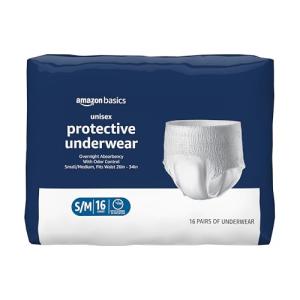 Amazon Basics Unisex Protective Underwear, Overnight Absorbency, Small/Medium, 16 Count, (1 Pack of 16)