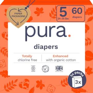 Pura Size 5 Eco-Friendly Diapers (24-35 lbs) Totally Chlorine Free (TCF) Hypoallergenic, Soft Organic Cotton, up to 12 Hours Leak Protection, Allergy UK, 3 Packs of 20 (60 Count)
