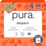 Pura Size 4 Eco-Friendly Diapers (18-31lbs) TCF Hypoallergenic, Soft Organic Cotton, Sustainable, up to 12 Hours Leak Protection, Allergy UK, Recyclable Packaging, 3 Packs of 22 (66 Diapers)