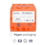 Pura Size 5 Eco-Friendly Diapers (24-35 lbs) Totally Chlorine Free (TCF), Hypoallergenic, Soft Organic Cotton, Sustainable, up to 12 Hours Leak Protection, Allergy UK, 6 Packs of 20 (120 Diapers)