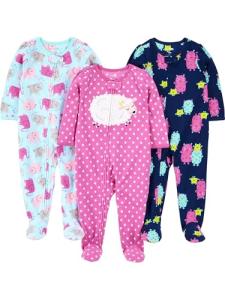 Simple Joys by Carter's Baby Girl's 3-Pack Flame Resistant Fleece Footed Pajamas Sleepwear, elephant/lamb/monster, 12 Months
