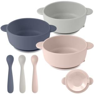 Eascrozn Silicone Baby Feeding Set, 3 Pack Baby Bowls with Suction and 3 Pack Baby Spoons for Babies Toddlers Kids, BPA Free, Baby Utensils Feeding Supplies, Microwave and Dishwasher Safe