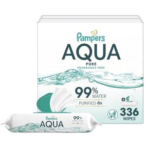 Pampers Aqua Pure Baby Wipes, 99% Water, Fragrance Free, 336 Baby Wipes Total (6X Flip-Top Packs) [Packaging May Vary]