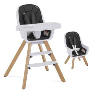 évolur Zoodle 2-in-1 High Chair for Baby & Toddler – Convertible High Chair to Toddler Chair, Padded Seat, 5-Point Safety Harness, Dual Dishwasher-Safe Trays, Solid Beechwood Legs – Black