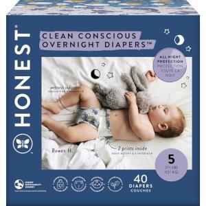 The Honest Company Comfort Dry Disposable Overnight Diapers for Sensitive Skin, Hypoallergenic, Baby Cozy Cloud and Star Signs Design Club Box Size 5 (27 lbs) 40 Count