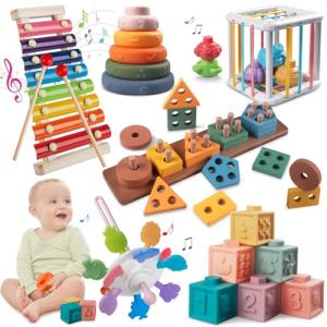 Wuzhineisn Montessori Baby Toy Sorting Stacking Learning Toys Wooden Building Blocks, Xylophone Musical, Infant Teethers Toys for Baby, 6 in 1 Toy Birthday Gifts for Toddlers