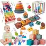 Wuzhineisn Montessori Baby Toy Sorting Stacking Learning Toys Wooden Building Blocks, Xylophone Musical, Infant Teethers Toys for Baby, 6 in 1 Toy Birthday Gifts for Toddlers