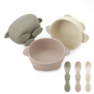 PandaEar 3 Pack Silicone Suction Baby Bowls & 3 Baby Feeding Spoons | Non-Slip Stay Put Bowls & Soft Silicone First Stage Spoons for Toddlers, BPA-Free Baby Led Weaning Set (Linen Brown Tan)
