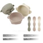 PandaEar 3 Pack Silicone Suction Baby Bowls & 3 Baby Feeding Spoons | Non-Slip Stay Put Bowls & Soft Silicone First Stage Spoons for Toddlers, BPA-Free Baby Led Weaning Set (Linen Brown Tan)