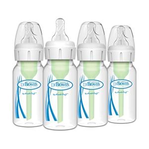 Dr. Brown's Natural Flow Anti-Colic Options+ Narrow Baby Bottle, 4 oz/120 mL, with Level 1 Slow Flow Nipple, 0m+, 4 Pack