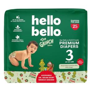 Hello Bello Diapers, Size 3 (14-24 lbs) Dr. Seuss Baby Grinch - 25 Count of Premium Disposable Baby Diapers, Hypoallergenic with Soft, Cloth-Like Feel