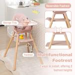 BABY JOY Baby High Chair, 6 in 1 Convertible Wooden High Chair for Babies & Toddlers with Adjustable Legs, Double Removable Tray, Safety Harness & Waterproof PU Cushion (Pink)
