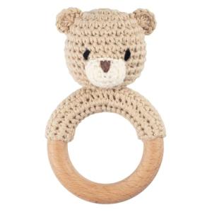 Joliecraft Safari Animals Wooden Baby Rattle Toys Stuffed Crochet Rattle with Teether Ring for Newborn, Beige Bear