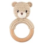 Joliecraft Safari Animals Wooden Baby Rattle Toys Stuffed Crochet Rattle with Teether Ring for Newborn, Beige Bear