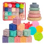 SpringFlower 3 in 1 Montessori Toys for Babies 0-3-6-12 Months, Soft Baby Teething, Stacking Building Blocks for Infants, Sensory Developmental Education Toys for Toddler Baby 12-18 Months,22 PCS