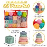 SpringFlower 3 in 1 Montessori Toys for Babies 0-3-6-12 Months, Soft Baby Teething, Stacking Building Blocks for Infants, Sensory Developmental Education Toys for Toddler Baby 12-18 Months,22 PCS