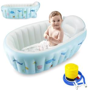 PandaEar Baby Inflatable Bathtub, Portable Travel Baby Infant Bath Tub Toddler Bathtub with Air Pump, Foldable Non-Slip Shower Basin Mini Air Swimming Pool for Newborn (Whale Blue)