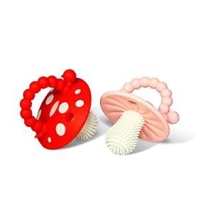 RaZbaby Soft Silicone Infant & Baby 3M+ Teether Toy Massaging Bristles Teething Relief Pacifier - Soothes Sore Gums - Hands-Free & Easy-to-Hold Chompy Teether, BPA Free (RED/Pink)
