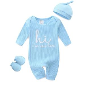 Bibimom Infant Boy Clothes 0-3 Months Knit Round Crew Neck Snap Closure Blue Romper