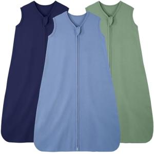 FIEMOL Baby Sleep Sack 6-12 Months, 100% Cotton Sleeping Sack for Newborn and Infant, 3 Pack Baby Wearable Blanket, 0.5 Tog Lightweight Double Zipper Sleep Bag Cyan