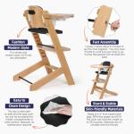 Cowiewie Natural Wooden High Chair for Babies & Toddlers 3-Tier Remove & 2 Adjustable Tray, 8 Adjustable Highchair with Cushions, Easy to Clean (Black)