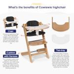 Cowiewie Natural Wooden High Chair for Babies & Toddlers 3-Tier Remove & 2 Adjustable Tray, 8 Adjustable Highchair with Cushions, Easy to Clean (Black)