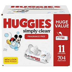 HUGGIES Simply Clean Baby Wipes Flip Lid Packs 704 Wipes Total, White, Unscented, 11 Count