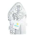 Spasilk 4-Piece Soft Terry Hooded Bath Towel and Washcloth Set, 1 Baby Towel and 3 Baby Washcloths for Newborn Boys and Girls, Gray Lion